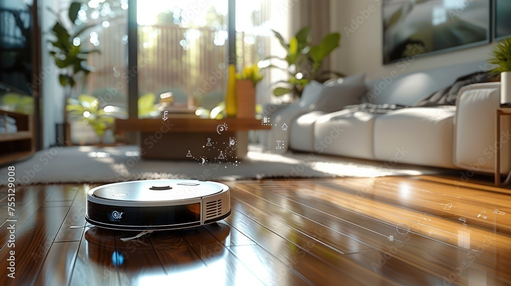 Aufkleber Vacuum hoover cleaning machine robot on schedule in a living room, Wireless cleaning machine robot with datum data and controls. Generative AI.