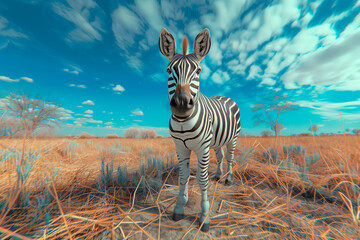 portrait of a cute African zebra in safari against blue sky