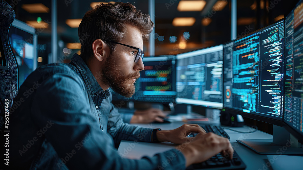 Aufkleber A skilled software developer coding. He is working at a workstation with several monitors. Generative AI.