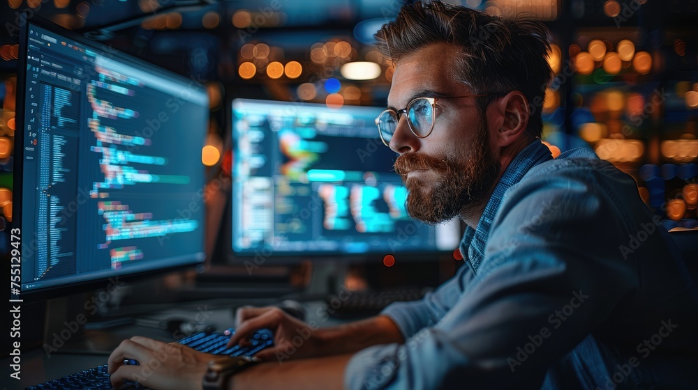 Fototapete A skilled software developer coding. He is working at a workstation with several monitors. Generative AI.