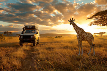 Safari in Kenya. Giraffe watching from a jeep