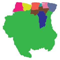 Suriname map. Map of Suriname in administrative provinces in multicolor