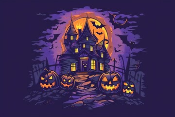 Graphic t-shirt design featuring a haunted house and pumpkin heads against a violet background Ideal for halloween themed apparel