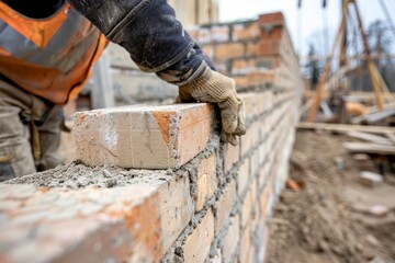 A construction worker builds a brick wall.