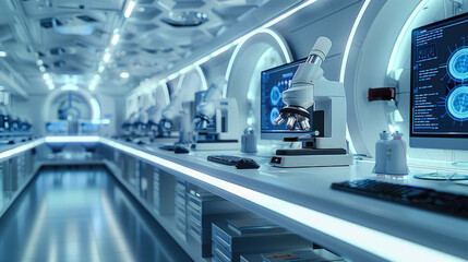 Education technology with copy space, High-tech lab, monitors, scientific equipment. Generative AI.