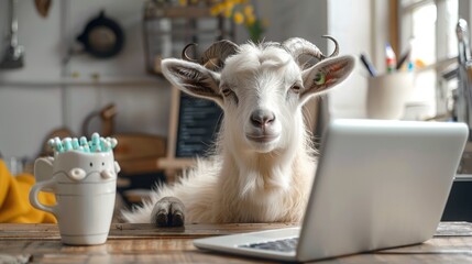 Goat sitting at a desk in front of a grey laptop. Generative AI.
