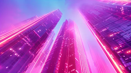 Schilderijen op glas Futuristic City with Neon Lights, Modern Architecture and Skyscrapers, Urban Skyline and Digital Design Concept © MDRAKIBUL