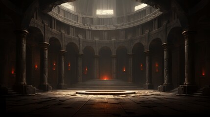Interior of an ancient temple with an empty dais. - obrazy, fototapety, plakaty