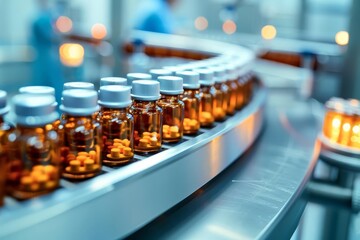 Pharmaceutical production line with vials of medication Emphasizing precision and quality control in the manufacture of healthcare products