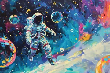 Poster Pop art-inspired painting of an astronaut exploring a bubble-filled galaxy Showcasing a vibrant and imaginative interpretation of space © Jelena