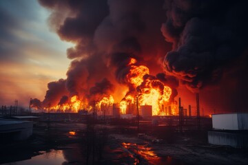 Severe fire at an industrial oil refinery with black smoke.