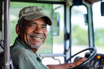 Portrait of a happy black bus driver.