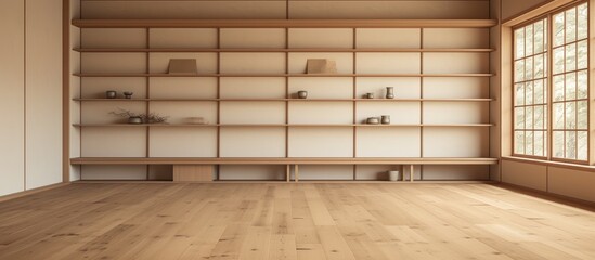 This image showcases an empty room with wooden floors and shelves, embodying a clean and minimalist Muji style. The room is spacious and inviting, with a focus on natural materials and simplicity.