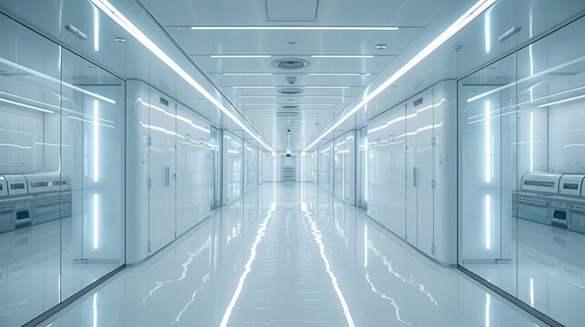 A symmetrical windows looking through a clean lab, white walls and generic cabinets, led lighting, leading lines, futuristic. Generative AI.