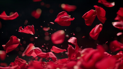 background with falling red rose petals on black