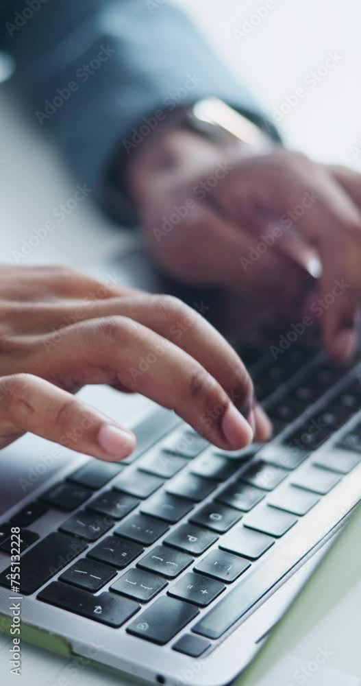 Poster business, person and hands with typing on laptop or keyboard for schedule planning, networking and p