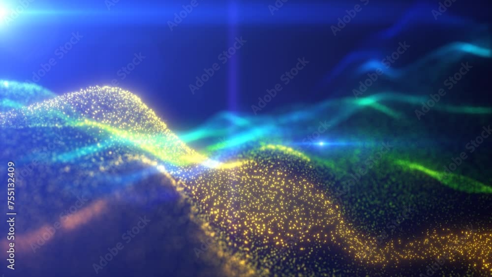 Poster rainbow energy glowing magic waves from particles of lines with light rays. abstract background. hig