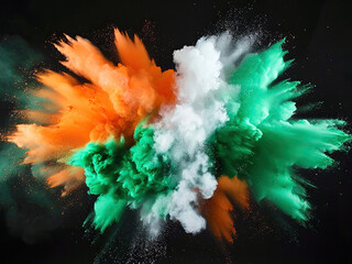 Black background, explosion of white, orange and green powders, in the style of the colors of the Irish flag, high-speed shooting, artistic magic, 2K, high quality  - 2