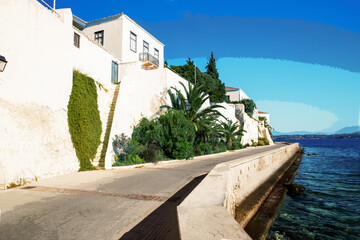 View from ecological road at Spetses - one of fantastic of Greek islands and awe pink flowering ...