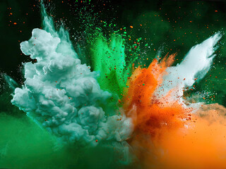 Black background, explosion of white, orange and green powders, in the style of the colors of the Irish flag, high-speed shooting, artistic magic, 2K, high quality  - 1