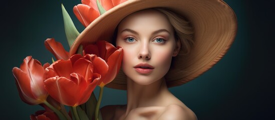 A woman with a fedora hat is delicately holding a bouquet of red tulips, showcasing the vibrant petals against her lips and eyelashes in an artistic gesture