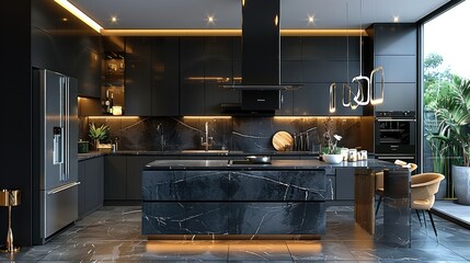 Modern kitchen with black cabinets and appliances. Generative AI. - obrazy, fototapety, plakaty