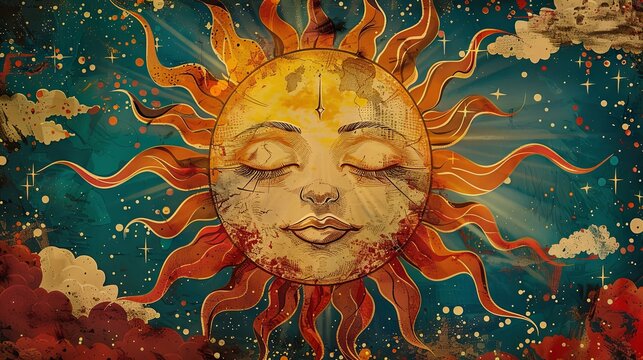 A serene sun face surrounded by stars and planets, depicted in a warm, whimsical art style with autumnal colors.
