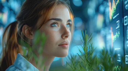 An woman HR analyst thinking about digital transformation skills in an agribusiness company. Generative AI.