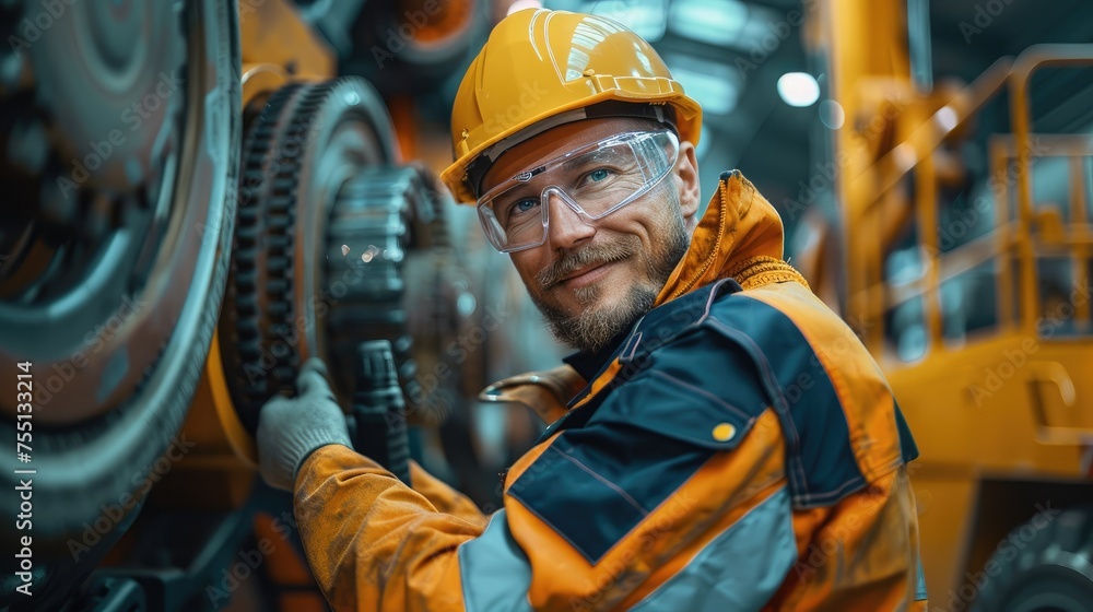 Poster happy motor vehicle mechatronics engineer repairing yellow telehandler. generative ai.