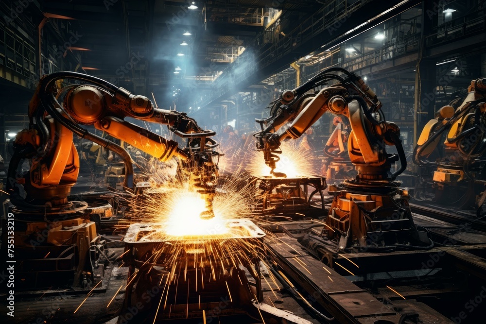 Poster automated robotic welding. digital manager interface. generate ai