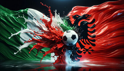 liquify country flags of Italy and Albania splash towards each other, with a soccer ball in the middle, football EM 2024, Group phase matchday 1, Generative ai