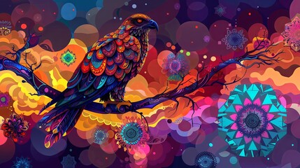 Fototapeta premium A digital art piece featuring an eagle with a detailed, textured abstract background in warm tones.