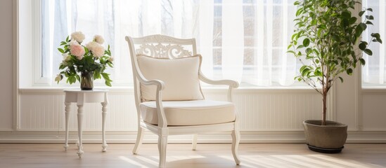 A white English style chair stands in front of a window, next to a potted plant, in a bright room. The chair is positioned in a way that suggests someone recently vacated it.