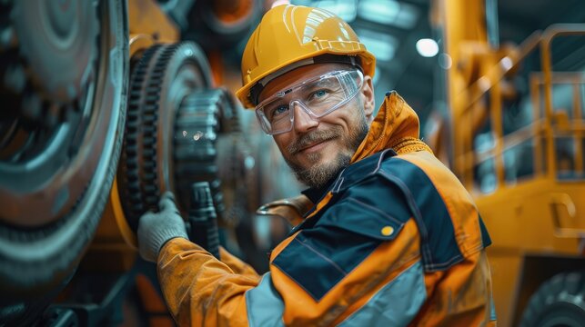 Happy motor vehicle mechatronics engineer repairing yellow telehandler. Generative AI.