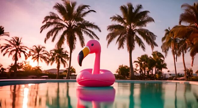 Flamingo inflatable in a pool in summer.