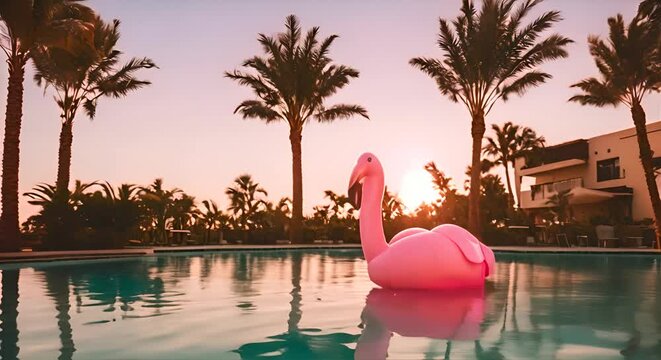 Flamingo inflatable in a pool in summer.