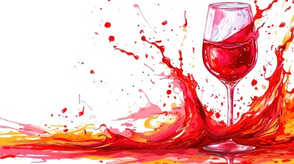 a painting of a glass of wine with a splash of paint on the bottom of the glass and a spoon in front of it.