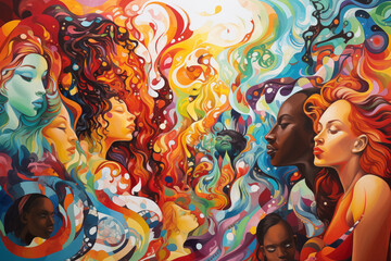 Abstract woman's face pattern, woman's creative expressions, Mindful Imaginings, A Girl's Strength Found in Imaginative Expression, Abstract illustration of mental health and psychological imagination