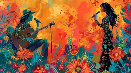 A man playing guitar and a woman singing, both depicted in a bohemian style surrounded by vivid floral designs.