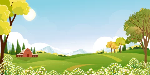 Tragetasche Spring Background with Sky,Cloud,Grass field,Flower on Hill and Forest Tree in Village,Vector Cartoon Summer landscape peaceful rural nature in the park,Panoramic Banner for Easter © Anchalee