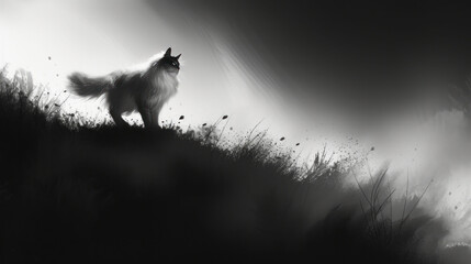 a black and white photo of a dog standing on top of a grass covered hill with a sky in the background. - obrazy, fototapety, plakaty