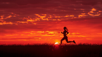 In Pursuit of Fitness: A Woman’s Silhouette Against a Red Sunset