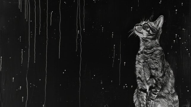 a black and white photo of a cat sitting in the rain looking up at the rain falling down on it.