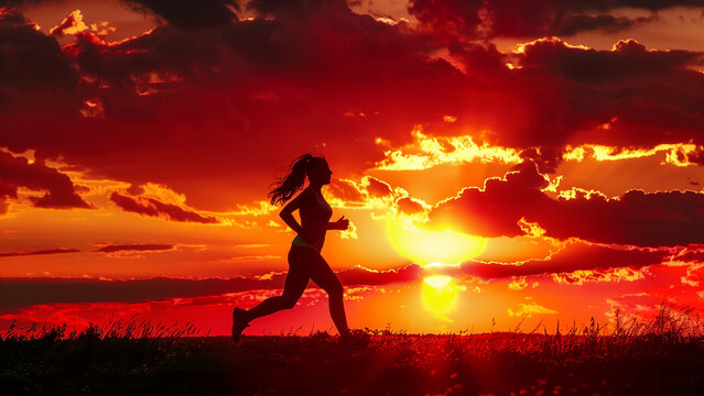 In Pursuit of Fitness: A Woman’s Silhouette Against a Red Sunset - Powered by Adobe