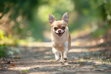 A small chihuahua dog runs happily ahead (1)