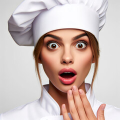 portrait of surprised woman chef face isolated on solid white background. ai generative