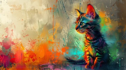 Expressive cat portrait set against a vibrant and colorful abstract background, full of artistic detail.
