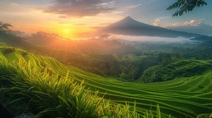 Tafelkleed A serene sunrise over the rice terraces, with the early morning light casting a golden glow over the lush green fields. Generative AI. © visoot