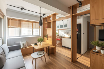 A compact urban apartment with multi-functional, space-saving furniture, showcasing smart living solutions for small spaces - obrazy, fototapety, plakaty