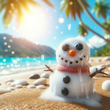A funny snowman with bulging eyes melts in the sun on a squeaky beach. ai generative
